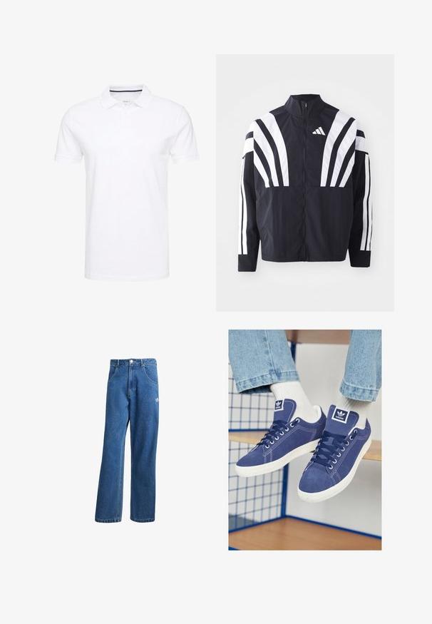 Giacca nera con colletto alto, zip completa e audaci strisce diagonali bianche sulle maniche. Realizzata in tessuto leggero con una texture morbida.; Polo bianca realizzata in cotone, con colletto classico, maniche corte e patta con tre bottoni, con sottili accenti blu navy all'interno.; Jeans di denim a vita alta e gamba larga blu, con tasche frontali, passanti per cintura, chiusura a bottone e piccolo logo Adidas sulla coscia destra.; Sneakers Adidas blu navy in suede, con suole in gomma bianca, puntetonde e un logo cucito sulla linguetta. Calze bianche brillanti in vista.