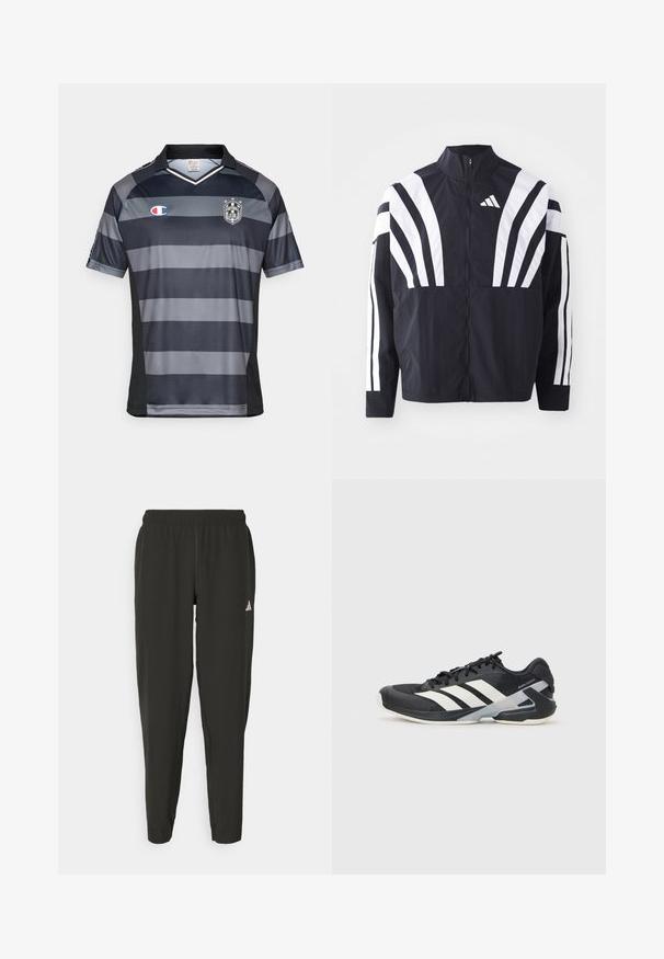 Juodas švarkas su aukštu kaklu, pilnu užtrauktuku ir ryškiomis baltomis įstrižomis juostelėmis ant rankovių. Pagamintas iš lengvos medžiagos su lygiu paviršiumi.; Pilkai juostuota ir juoda futbolo marškinėliai su V formos kaklu, trumpomis rankovėmis ir "Champion" logotipu. Yra klubo emblema su žvaigždėmis.; Juodos sportinės kelnės su elastingu liemeniu, siauro kirpimo, baltu logotipu kairėje kojoje. Lygus, lengvas audinys.; Juoda sportinė avalynė su baltais dryžiais, tinklinis viršus, apvalus pirštas ir paminkštinta padais. Yra tekstūruota kulno dalis ir saugi raištelių sistema.