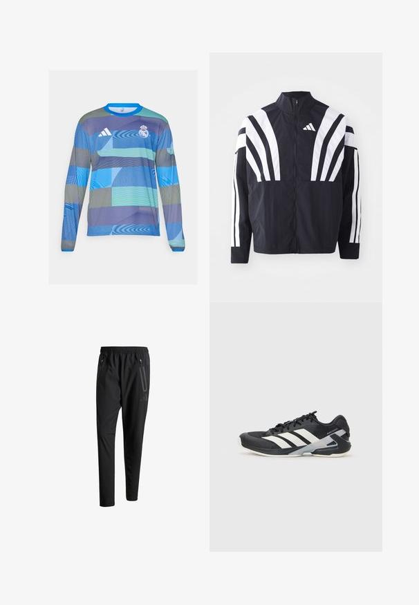 Juodas švarkas su aukštu kaklu, pilnu užtrauktuku ir ryškiomis baltomis įstrižomis juostelėmis ant rankovių. Pagamintas iš lengvos medžiagos su lygiu paviršiumi.; Ilga rankovė sportinė marškinė su mėlyna ir žalia geometrine raštu, pagaminta iš lengvų audinių su rausvais mėlynais apykaklės ir Adidas logotipu.; Juodi sportiniai šortai su elastiniu juosmeniu, dviem užtrauktukais šoniniais kišenėmis, siaurėjančiomis kojomis ir subtiliu logotipo detaliu ant klubo.; Juoda sportinė avalynė su baltais dryžiais, tinklinis viršus, apvalus pirštas ir paminkštinta padais. Yra tekstūruota kulno dalis ir saugi raištelių sistema.