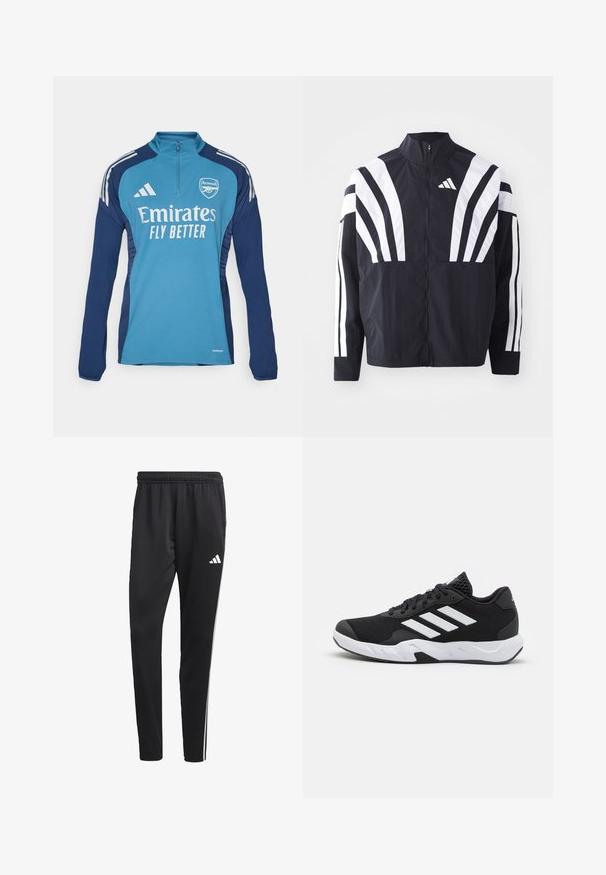 Schwarze Jacke mit hohem Kragen, durchgehendem Reißverschluss und kräftigen weißen diagonalen Streifen an den Ärmeln. Aus leichtem Stoff mit glatter Textur gefertigt.; Blaues longsleeve Sportshirt mit Reißverschlusskragen, ausgestattet mit dem Arsenal-Logo und dem Text "Emirates FLY BETTER", mit marineblauen Seiteneinsätzen und weißen Streifen.; Schwarze Sporthose mit einem dehnbaren Bund, weißen Seitenstreifen und einem kleinen weißen Logo auf dem Oberschenkel. Hergestellt aus einem glatten, leichten Material.; Schwarze Sportschuhe mit einem strukturierten Mesh-Obermaterial, weißen Akzentstreifen, einer gepolsterten Sohle und einer verstärkten Ferse für Unterstützung.