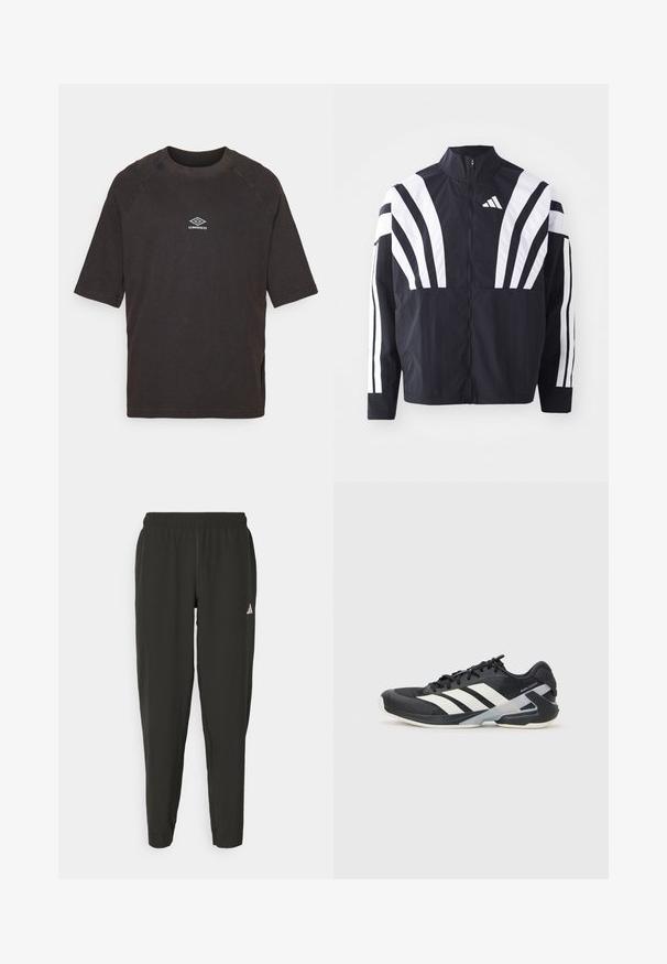 Svart jakke med høy krage, hel glidelås og markante hvite skråstriper på ermene. Laget av lett stoff med en glatt tekstur.; Svart bomulls T-skjorte med korte ermer, rund hals, raglanermer, med en hvit Umbro-logo på brystet og sidesplitter i kanten.; Svarte treningbukser med elastisk midje, slim fit, og hvit logo på venstre bein. Glatt, lett stoff.; Svart treningssko med hvite striper, mesh-overdel, avrundet tå og polstret såle. Har en teksturert hæl og et sikkert snøresystem.