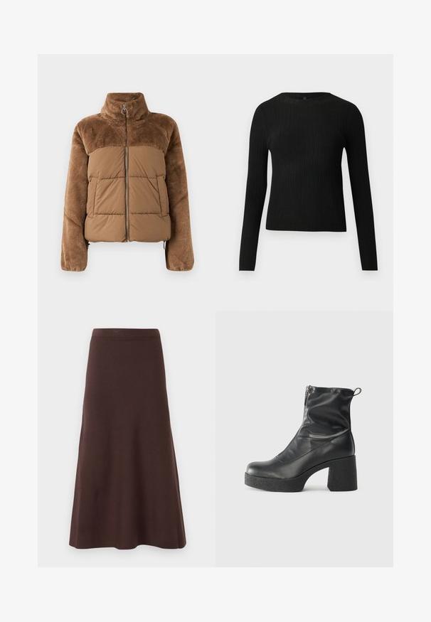 Brūna pūkaina jaka ar mīkstu, pūkainu augšējo daļu. Vēl ir augsts apkakle, priekšējais rāvējslēdzis un divas sānu kabatas.; Melna, ribota, garām piedurknēm pieguļoša džemperis ar apaļu kakla izgriezumu, izlikta pret vienkāršu gaišu fonu.; Brūna A formas svārki, izgatavoti no gludas auduma, ar pieguļošu jostu un platu malu, bez redzamām rakstu vai rotājumu detaļām.; Melni potītes zābaki, kas izgatavoti no gludas ādas, ar sānu rāvējslēdzēju, masīvu strukturētu papēdi un noapaļotu purngalu.