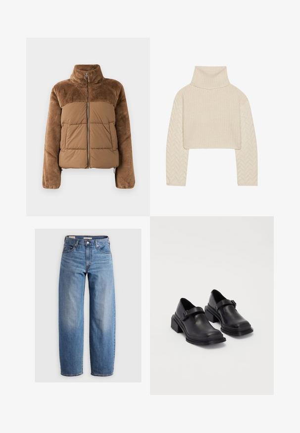 Casaco puffer castanho com uma parte superior suave e fofinha. Apresenta um colarinho alto, fecho éclair à frente e dois bolsos laterais.; Sweater cortado de cor creme com gola alta, corpo de ponto texturizado e mangas com padrão espinha de peixe. Feito de material de lã macia.; Jeans de perna reta azul claro feitos de denim. Apresenta um design clássico de cinco bolsos e um desbotamento subtil ao longo das pernas.; Sapatos de couro pretos com um bico redondo, sola plana e uma fita com detalhe de fivela. Salto bloco robusto para maior estabilidade.