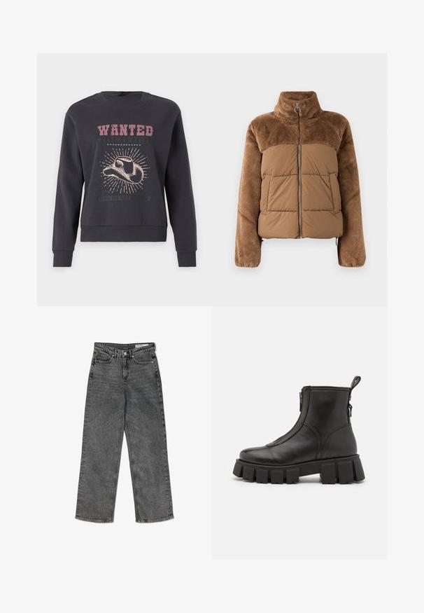 Hnedá puffová bunda s mäkkou, nadýchanou hornou časťou. Obsahuje vysoký golier, predný zips a dve bočné vrecká.; JDY JDYPARIS EMB NOOS - Mikina - phantom; Vysoké čierne umývané džínsy s rovnými nohavicami, prednými vreckami, pútkami na opasok, zapínaním na gombík a s vnútornou nášivkou so značkou.; Čierne kožené členkové čižmy s hrubou, zúbkovanou podrážkou, bočným zipsom a poutačom na zadnej strane. Hladká textúra a minimalistický dizajn.