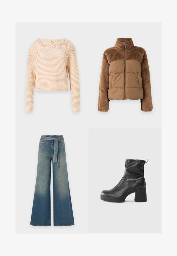 Ruda pūkinė striukė su minkšta, pūkuota viršutine dalimi. Turime aukštą apykaklę, priekiniį užtrauktuką ir dvi šonines kišenes.; Šviesiai smėlinis trumpas megztinis su megztu tinkleliu, ilgomis rankovėmis, apvalia iškirpte ir gipiūrine apdaila. Minkšta, tekstūruota medžiaga.; Platus džinsinis kelnes su šviesiai tamsiai mėlynu gradientu, aukštu juosmeniu, diržo kilpomis ir atitinkančiu audinio diržu. Textūruotas džinsinis paviršius.; Juodos kulkšninių botai, pagaminti iš lygaus odos, su šoniniu užtrauktuku, masyviu tekstūruotu kulnu ir apvaliu pirštu.