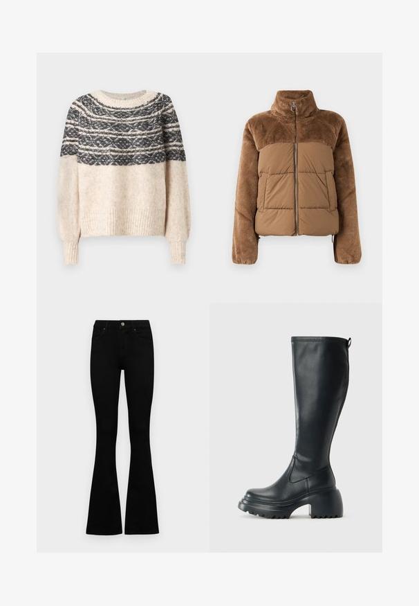 Barna puffernadrág, puha, bolyhos felső résszel. Magas gallérral, elülső cipzárral és két oldalzsebbel rendelkezik.; Krém és fekete kötött pulóver mintás yoke-al, bordázott mandzsettával és hem-mel, sima háttér előtt. ; Fekete, magas derekú farmernadrág gomb- és cipzárzárral, elülső zsebekkel és harangszárral, laposan egy fehér háttérre terítve.; Magas fekete bőrcipő, vastag platform talppal és blokk sarokkal, húzófüllel és texturált profillal az outsole-on.