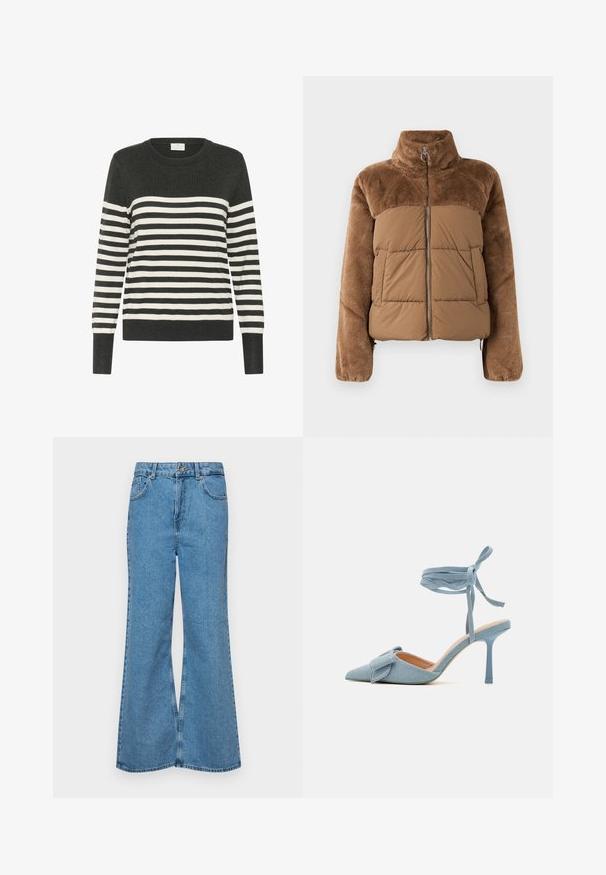 Brązowa kurtka puchowa z miękką, puszystą górną częścią. Posiada wysoki kołnierz, zamek błyskawiczny z przodu oraz dwie boczne kieszenie.; Sweter w paseczki w ciemnoszarym i białym kolorze, z okrągłym dekoltem, długimi rękawami, z poziomymi paskami oraz ściągaczami na rękawach i na dole. Miękki materiał dzianinowy.; Jasnoniebieskie dzwony z denimu, z wysokim stanem, pięcioma kieszeniami i zapięciem na jeden guzik. Miękka tekstura z wyblakłym wykończeniem.; Czółenka na wysokim obcasie z ostrym noskiem w jasnoniebieskim materiale o teksturowanym wykończeniu, z akcentem w postaci kokardy i paskiem wokół kostki zapewniającym stabilne dopasowanie.