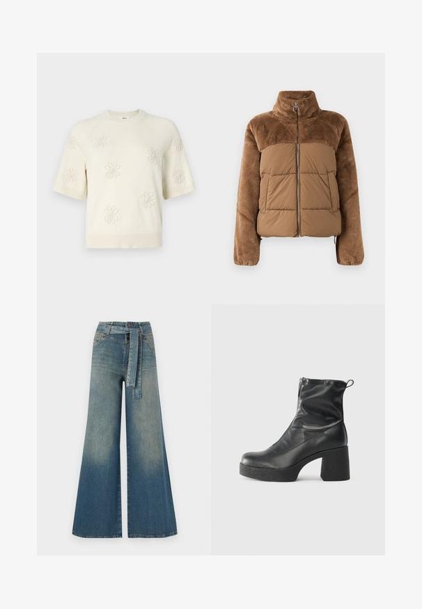 Brun pufferjakke med en myk, fluffy overdel. Har høyt krage, frontglidelås og to sidelommer.; Kremfarget kortermet genser med blomsterbroderi, rund halsutringning, og ribbestrikkede detaljer ved ermer og kant. Myk tekstur og avslappet passform.; Bredde ben jeans med en lyseblå til mørkeblå gradient, høyt liv, beltehemper og et matchende belte i samme stoff. Teksturert denimoverflate.; Svarte ankelstøvler laget av glatt lær, med glidelås på siden, chunky strukturert hæl, og rund tå-design.