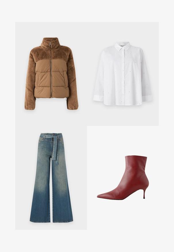 Ruda pūkinė striukė su minkšta, pūkuota viršutine dalimi. Turime aukštą apykaklę, priekiniį užtrauktuką ir dvi šonines kišenes.; Balta marškiniai su ilgomis rankovėmis, pagaminti iš lengvo audinio, su mažomis širdelės formos iškirpėmis ir klasikinis apykakle.; Platus džinsinis kelnes su šviesiai tamsiai mėlynu gradientu, aukštu juosmeniu, diržo kilpomis ir atitinkančiu audinio diržu. Textūruotas džinsinis paviršius.; Raudonos odinės kulkšninių botų su smailiu priekiniu galiuku, prigludusiu viršumi ir siauru kulnu. Lygi tekstūra, elegantiškas dizainas ir kontrastinga juoda pada.