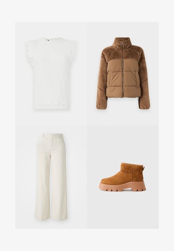 Braune Pufferjacke mit einem weichen, flauschigen oberen Bereich. Sie verfügt über einen hohen Kragen, einen Frontreißverschluss und zwei seitliche Taschen.; Weißes Spitzentop mit kurzen, gewellten Ärmeln, das ein strukturiertes Blumenmuster und einen runden Ausschnitt aufweist.; Weite Hosen in einem hellbeigen Farbton, aus einem glatten Stoff gefertigt. Mit einem klassischen Bund und flachem Vorderteil, das klare Linien zeigt.; Helle Wildlederstiefeletten mit runder Spitze, einer strukturierten braunen Sohle und einer Zuglasche. Mit einer gesteppten Naht und einem klobigen Plateaudesign.
