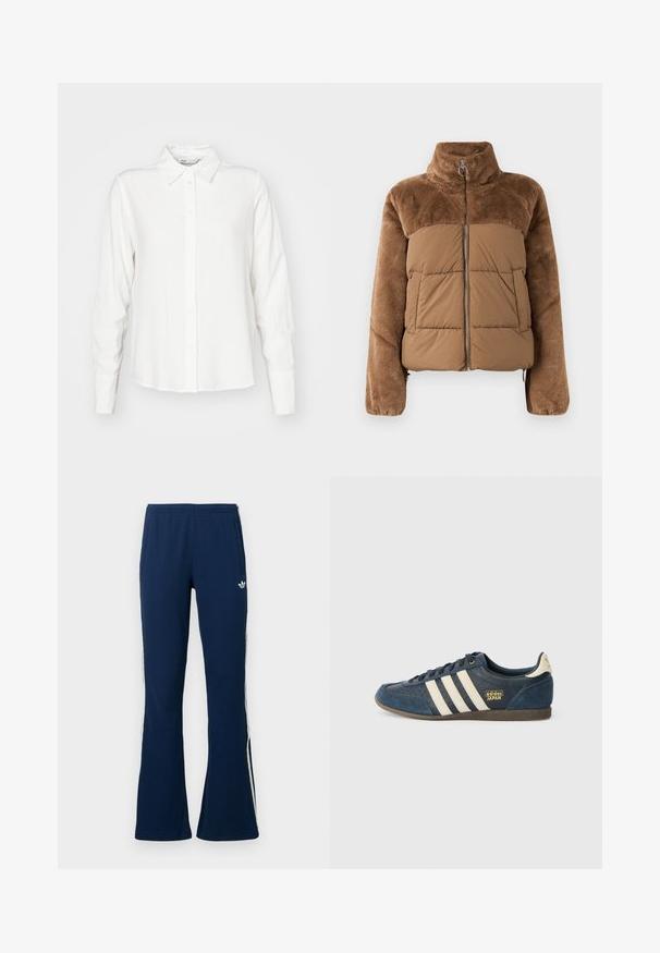 Brun puffjakke med en blød, fluffy øverste del. Har en høj krave, frontlynlås og to sidelommer.; Hvid, langærmet skjorte med knaplukning og krave, lavet af glat stof; har en lige pasform og diskret struktur.; Marineblå ribstrikkede flare-træningsbukser med hvide sidelister og et broderet logo på venstre side, med to sidelommer.; Marineblå ruskindsneaker med cremefarvede striber, tekstureret tåområde, gyldent "adidas JAPAN" logo og en brun gummisål. Klassisk low-top design.
