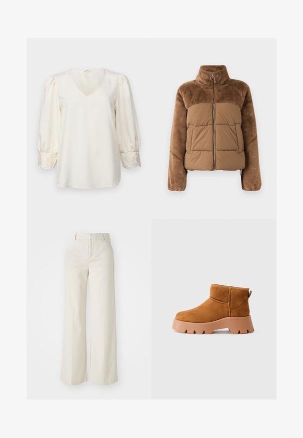Bruine pufferjack met een zachte, donzige bovenkant. Beschikt over een hoge kraag, een ritssluiting aan de voorkant en twee zijzakken.; Crème-kleurige blouse met een V-hals, opbollende lange mouwen en geborduurde accenten bij de manchetten. Glad stof met een losse pasvorm.; Brede broek in een lichte beige kleur, gemaakt van een gladde stof. Kenmerkt zich door een klassieke tailleband en een vlakke voorkant met strakke lijnen.; Tansuède enkellaarsjes met een ronde neus, een getextureerde bruine zool en een trekband. Voorzien van een gestikte naad en een chunky platformontwerp.