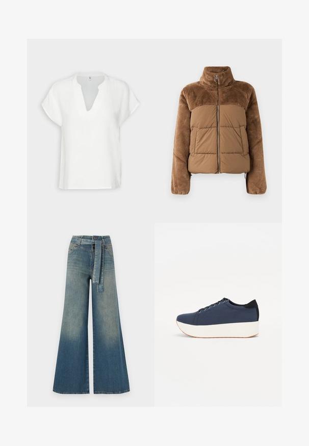 Doudoune marron avec une partie supérieure douce et moelleuse. Elle dispose d'un col montant, d'une fermeture éclair à l'avant et de deux poches latérales.; Haut blanc à manches courtes avec un décolleté en V, fabriqué dans un tissu texturé, présentant une coupe décontractée et des détails de coutures subtils.; Pantalons en denim à jambe large présentant un dégradé de bleu clair à bleu foncé, taille haute, passants de ceinture et une ceinture en tissu assortie. Finition en denim texturé.; Baskets bleu marine avec un upper en tissu texturé, semelle plateforme blanche, bout arrondi et accent noir au talon. Dispose de six œillets pour les lacets.