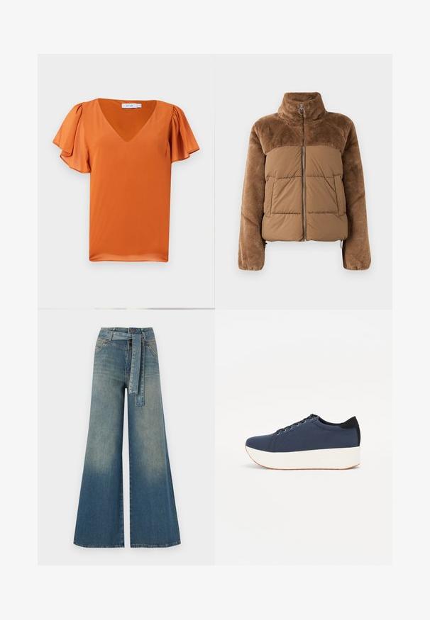 Pruun puffer-jakk, millel on pehme ja karvane ülemine osa. Omab kõrget krae, ees olevat tõmblukku ja kahte küljetaskut.; Lühikeste käistega särgike erkses oranžis, millel on V-kaelus ja pehmed gathers, valmistatud sujuvast kangast, millel on kerge tekstuur.; Laiad denimpüksid, millel on hele tume sinine gradiendiefekt, kõrge vöökoht, vöökumlid ja sobivast kangast vöö. Struktureeritud denimi viimistlus.; Tumedat sinised tennised tekstureeritud riidest pealispinnaga, valge platvormi tallaga, ümarate varvaste ja musta kontsapaneeliga. Omab kuut silma paelte jaoks.