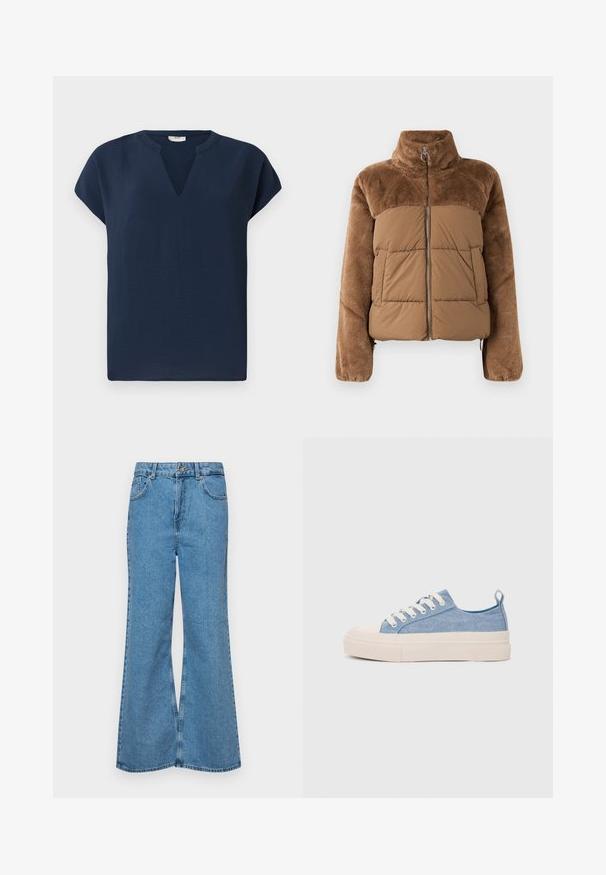 Bruine pufferjack met een zachte, donzige bovenkant. Beschikt over een hoge kraag, een ritssluiting aan de voorkant en twee zijzakken.; Navyblauw shirt met korte mouwen en een V-vormige halslijn, gemaakt van een lichtgewicht stof. Beschikt over een ontspannen pasvorm en subtiele draping.; Lichtblauwe flared jeans van denim, met een hoge taille, vijf zakken en een enkele knoopsluiting. Zachte textuur met een vervaagde afwerking.; Lichtblauwe canvas sneakers met een crème rubberen neuskap en zool, voorzien van witte veters en een trekstrip op de hiel.