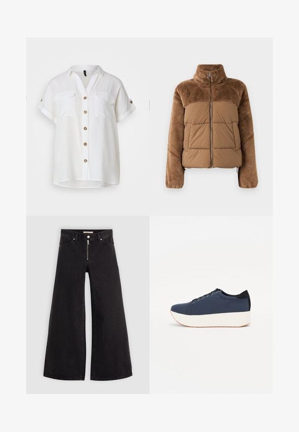 Doudoune marron avec une partie supérieure douce et moelleuse. Elle dispose d'un col montant, d'une fermeture éclair à l'avant et de deux poches latérales.; Chemise blanche à manches courtes, à boutons, avec un col, deux poches poitrine et des boutons décoratifs marron. Tissu léger, coupe décontractée.; Jean large en denim noir avec une fermeture éclair à l'avant, un design à cinq poches et des détails de couture subtils. Texture lisse et style décontracté.; Baskets bleu marine avec un upper en tissu texturé, semelle plateforme blanche, bout arrondi et accent noir au talon. Dispose de six œillets pour les lacets.