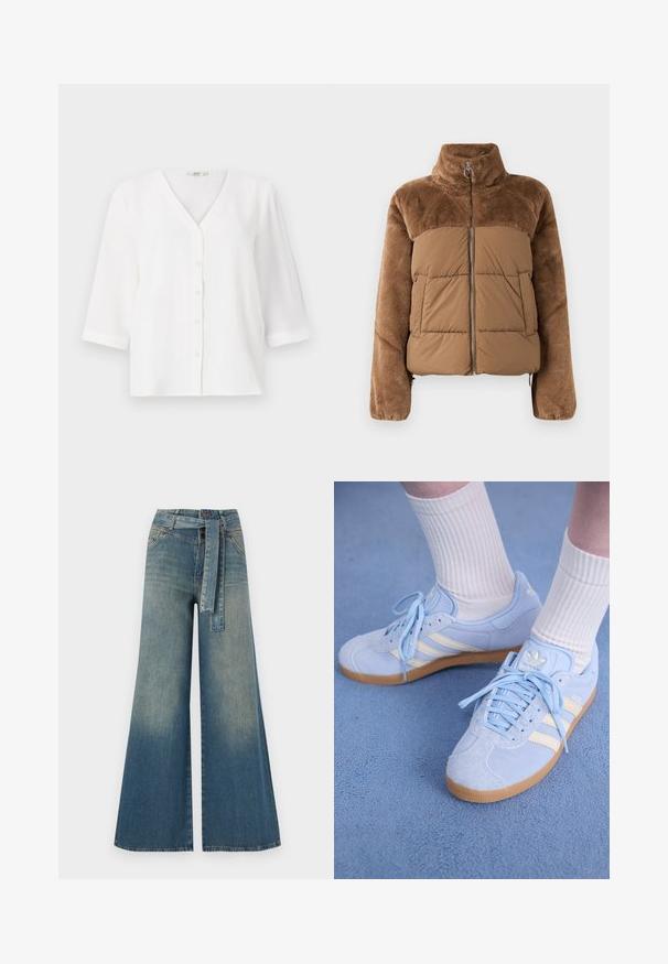 Brun pufferjakke med en myk, fluffy overdel. Har høyt krage, frontglidelås og to sidelommer.; Hvit bluse med V-hals og seks knapper foran. Har trekvart ermer og en avslappet passform. Mykt, strukturert stoff.; Bredde ben jeans med en lyseblå til mørkeblå gradient, høyt liv, beltehemper og et matchende belte i samme stoff. Teksturert denimoverflate.; Lyseblå semsskinn sneakers med hvite striper, flate snørebånd og såle i gummi. Ribbet hvite sokker bæres over ankelen.