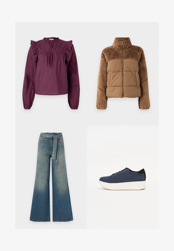 Hnědá péřová bunda s měkkou, načechranou horní částí. Má vysoký límec, přední zip a dvě boční kapsy.; Halenka s dlouhým rukávem v švestkové barvě se volány na ramenou a V-výstřihem, s elastickými manžetami pro pohodlný střih.; Džínové kalhoty širokého střihu s přechodem od světlé k tmavě modré, vysokým pasem, poutky na opasek a odpovídajícím opaskem ze stejného materiálu. Texturovaná džínovina.; Námořnické modré tenisky s texturovaným textilním svrškem, bílou platformovou podrážkou, kulatou špičkou a černým akcentem na patě. Obsahují šest očíček pro tkaničky.