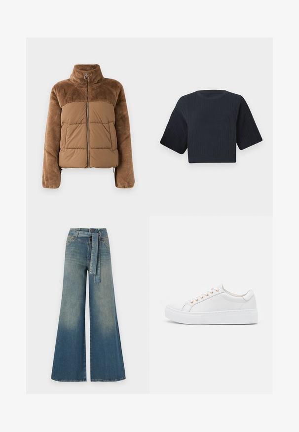 Ruskea puhallettava takki, jossa on pehmeä ja pörröinen yläosa. Varustettu korkealla kauluksella, etuvetoketjulla ja kahdella sivutaskulla.; Tumman laivastonsininen lyhyt neulepaita, jossa on röyhelötekstuuri, lyhyet leveät hihat ja pyöreä pääntie. Yksinkertainen muotoilu, ei näkyviä kuvioita tai yksityiskohtia.; Yksiväriset farkut leveällä lahkeella, joissa on vaaleasta tummansiniseen häipyvä väri, korkea vyötärö, vyölenkit ja yhteensopiva kangasvyö. Rakennefarkkujen pinta.; Valkoiset sneakerit, joissa on sileä nahkainen yläosa, pyöreä kärki ja paksu valkoinen pohja. Ominaisuuksiin kuuluu kuusi kultaisia silmäkettä nauhoille ja huomaamaton sivupisto.