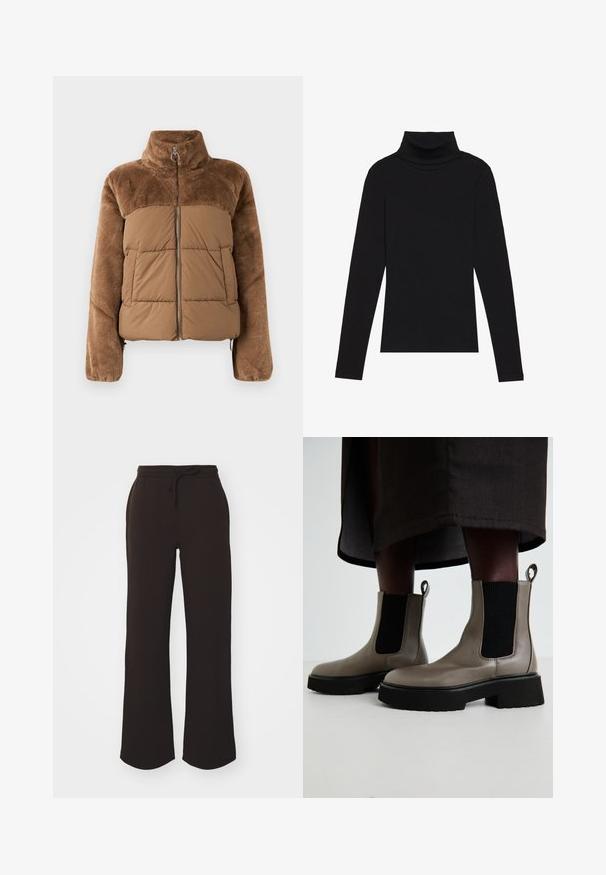 Brūna pūkaina jaka ar mīkstu, pūkainu augšējo daļu. Vēl ir augsts apkakle, priekšējais rāvējslēdzis un divas sānu kabatas.; Melnā turtlenecka garām piedurknēm augšdaļa, izgatavota no ribotas auduma, ar pieguļošu piegriezumu, augstu kakla izgriezumu un bez rakstiem vai akcentiem.; Gina Tricot ICONIC - Treniņtērpa apakšdaļas - dark brown; Pelēki potītes zābaki, kas izgatavoti no teksturētas ādas, ar elastīgām sānu paneļām un masīvu melnu zoli. Ar vilkšanas cilpām vieglai uzvilkšanai.