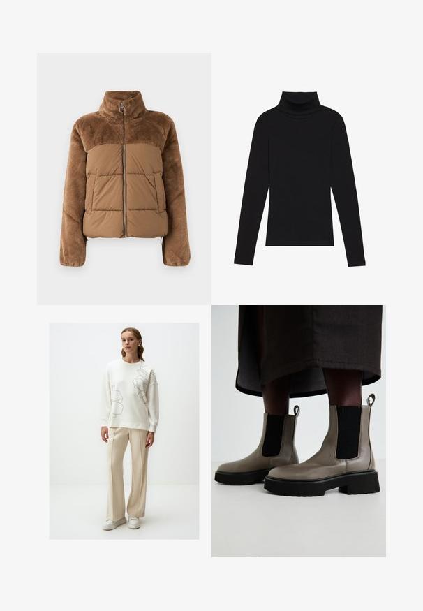 Bruine pufferjack met een zachte, donzige bovenkant. Beschikt over een hoge kraag, een ritssluiting aan de voorkant en twee zijzakken.; Zwarte turtleneck met lange mouwen, gemaakt van ribbelstof, heeft een aansluitend ontwerp met een hoge hals en geen patronen of accenten.; Witte sweatshirt met grote, omrande bloemmotieven, gecombineerd met beige, wijde broekspijpen. Vlotte textuur, ontspannen pasvorm en witte sneakers.; Grijze enkelbotten van gestructureerd leer met elastische zijpanelen en een stevige zwarte zool. Voorzien van trekpanelen voor gemakkelijk aan- en uittrekken.
