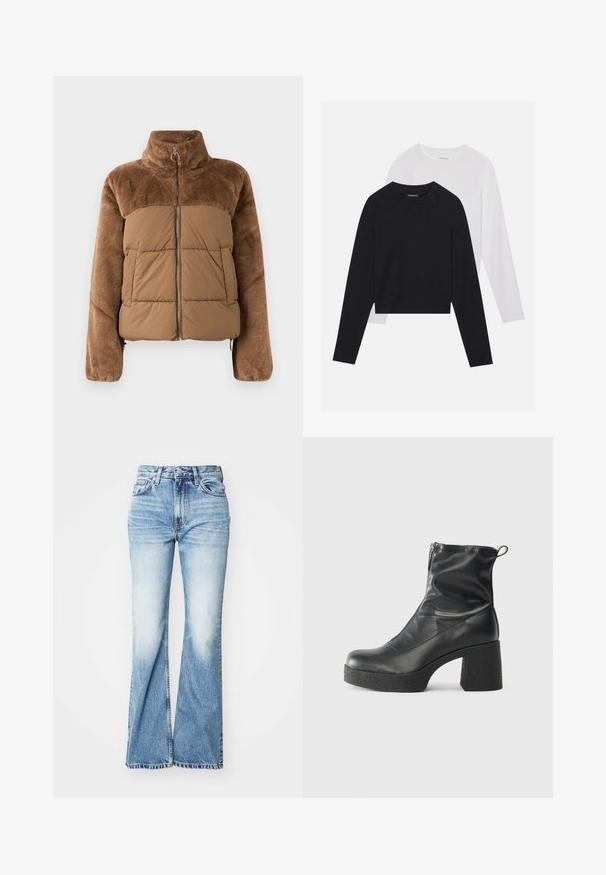 Hnědá péřová bunda s měkkou, načechranou horní částí. Má vysoký límec, přední zip a dvě boční kapsy.; Dvě dlouhé rukávy: jedno černé a jedno bílé. Obě mají kulatý výstřih, raglánové rukávy a měkkou bavlněnou směs.; Džíny s vysokým pasem, rozšiřující se nohavice, modré s vybledlým wash efektem, vyrobené z denimu. Obsahují design s pěti kapsami a viditelné švy podél okrajů.; Černé kotníkové boty vyrobené z hladké kůže, s bočním zipem, robustním strukturovaným podpatkem a kulatou špičkou.