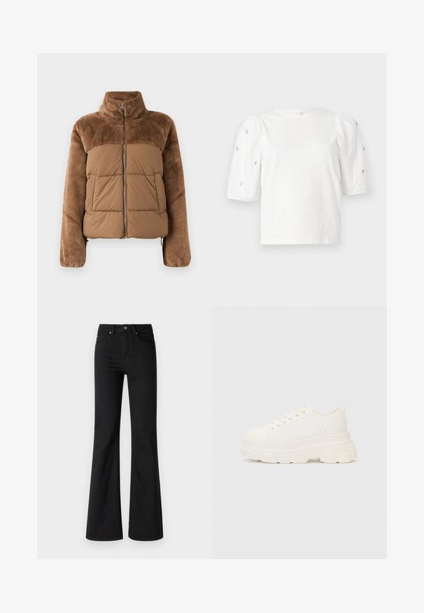 Rjava puffer jakna z mehkimi, puhastejšimi zgornjim delom. Ima visok ovratnik, sprednji zadrgo in dva stranska žepa.; Bela bombažna majica s kratkimi rokavi s pufastimi rokavi, ki ima majhne srebrne okrase vzdolž rokavov. Klasičen okrogel izrez, sproščen kroj.; Črne flare jeans hlače iz denima z visokim pasom, ki imajo pet žepov, sprednji gumb in zadrgo, gladka tekstura.; Bela platnena teniska z debelim podplatom, okroglo konico in petimi luknjicami za vezalke. Zadaj je dodana zanka za enostavno obuvanje. Gladka tekstura, minimalistična zasnova.