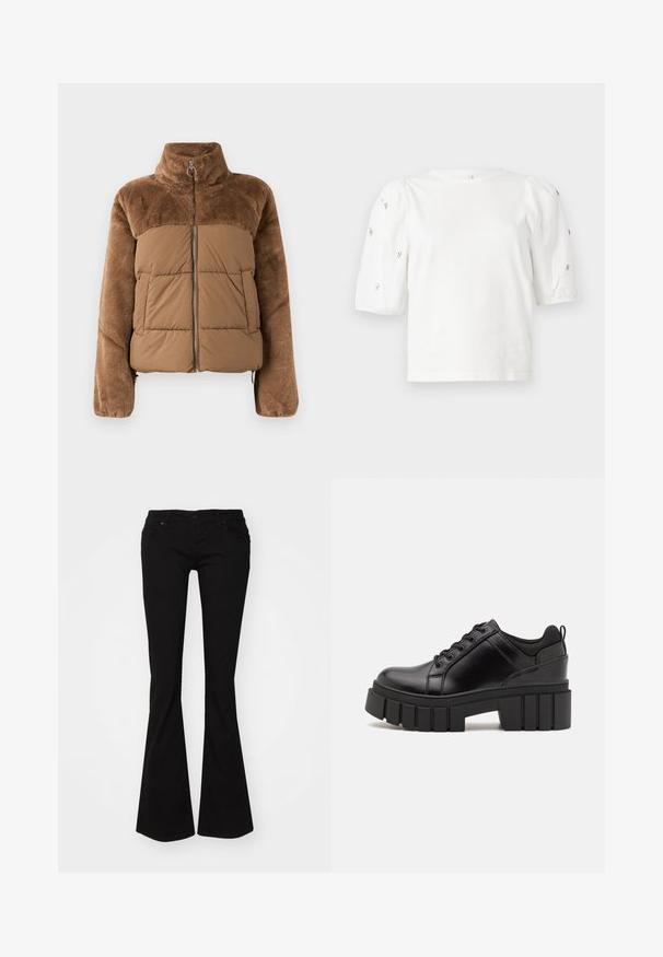 Pruun puffer-jakk, millel on pehme ja karvane ülemine osa. Omab kõrget krae, ees olevat tõmblukku ja kahte küljetaskut.; Valge puuvillane T-särk lühikeste puffkäistega, millel on väikesed hõbedased kaunistused käiste servades. Klassikaline ümmargune kaelus, vaba ja mugav lõige.; Mustad mustad teksad, millel on lukuga lend ja viis taskut, ning sobiv vöökoht, mis laieneb jalge all flared hem'iga.; Must musta platvormsussid paksu plokkninal, ümmarguse varbaga ja traditsioonilise nööridega kinnitamisega. Sussid on sileda tekstuuriga ja minimaalsete detailidega.