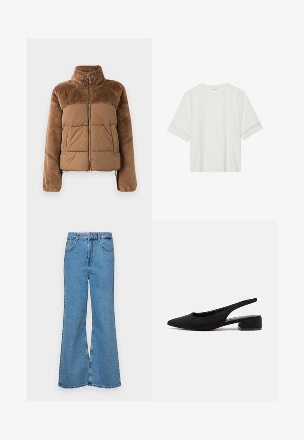 Jachetă puf din material maro, cu o secțiune superioară moale și pufoasă. Dispune de un guler înalt, fermoar frontal și două buzunare laterale.; Tricou alb cu mânecă scurtă, confecționat din bumbac, cu dantelă decorativă pe marginea mânecilor și un guler rotund.; Jeanși evazați de culoare albastru deschis, din denim, cu talie înaltă, cinci buzunare și închidere cu un singur buton. Textură moale cu un finisaj decolorat.; Call it Spring BECKYY B.E.D FOAM - Pantofi clasici cu toc - black