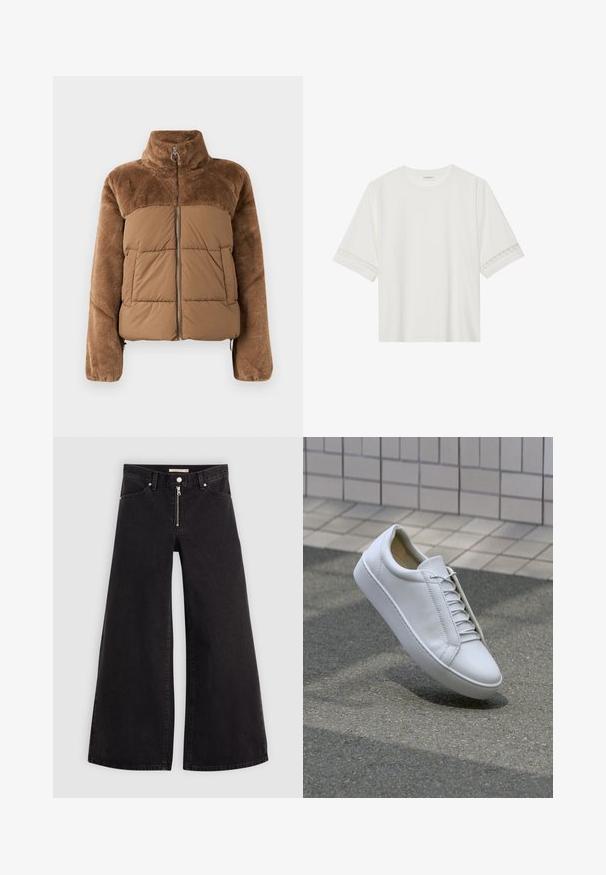 Brun puffjacka med en mjuk, fluffig ovandel. Har en hög krage, dragkedja framtill och två sidofickor.; Vit kortärmad t-shirt i bomull, med dekorativa spetsdetaljer längs ärmarna och rund halsringning.; Breda jeans i svart denim med dragkedja fram, femfickorsdesign och subtila sömdetaljer. Slät textur och avslappnad stil.; Vit lädersneaker med rund tå, platt sula och sex par öglor. Slät textur och minimalistisk design med sömdetaljer.