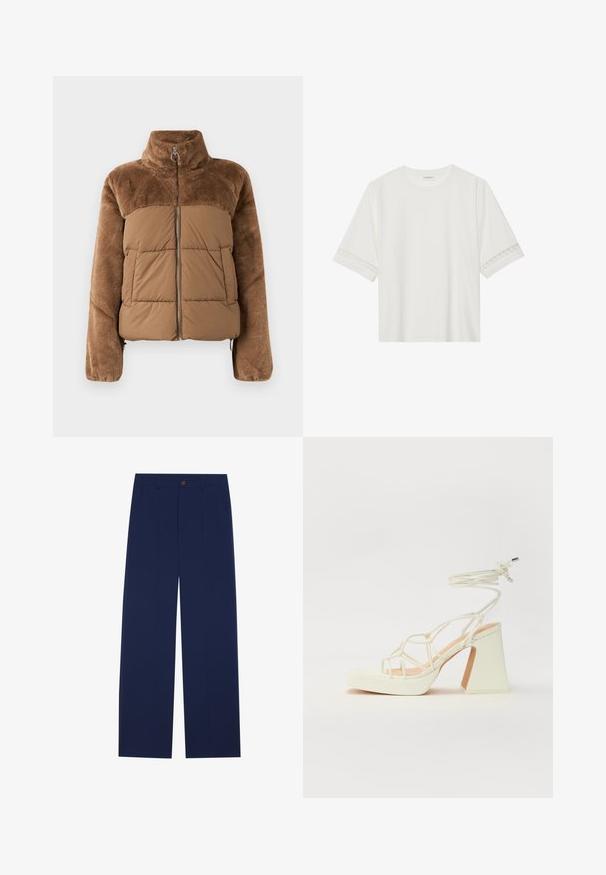 Ruda pūkinė striukė su minkšta, pūkuota viršutine dalimi. Turime aukštą apykaklę, priekiniį užtrauktuką ir dvi šonines kišenes.; Balta trumpomis rankovėmis marškinėliai, pagaminti iš medvilnės, su dekoratyviais nėriniais aplink rankoves ir apvaliu kaklu.; Tamsiai mėlynos plačios kelnės, pagamintos iš glotnaus audinio, su priekinėmis kišenėmis, mygtuko uždarymu ir pritaikytu dizainu su raukšlėmis.; Balti aukštakulniai sandalai su masyviu kulnu, su dirželių dizainu ir kulkšnies raiščiu. Lygi tekstūra su platforma priekyje, suteikianti papildomą aukštį.