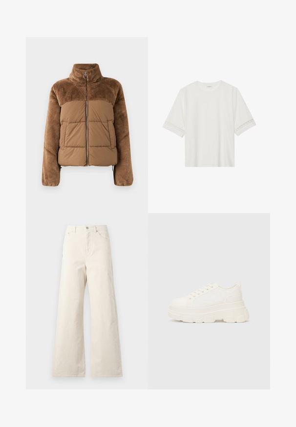 Hnedá puffová bunda s mäkkou, nadýchanou hornou časťou. Obsahuje vysoký golier, predný zips a dve bočné vrecká.; Biele tričko s krátkym rukávom vyrobené z bavlny, s dekoratívnym čipkovým lemovaním pozdĺž rukávov a okrúhlym výstrihom.; Béžové nohavice s širšími nohavicami vyrobené z bavlny, so zapínaním na prednom tlačidle, bočnými vreckami a hladkou textúrou. Minimalistický dizajn bez vzorov.; Biele plátené tenisky s hrubou podrážkou, zaoblenou špičkou a piatimi očkami na šnúrky. Zadný popruh pre jednoduché obúvanie. Hladká textúra, minimalistický dizajn.