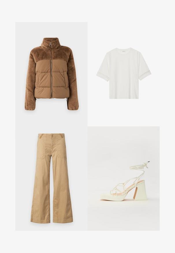 Rjava puffer jakna z mehkimi, puhastejšimi zgornjim delom. Ima visok ovratnik, sprednji zadrgo in dva stranska žepa.; Bela kratka majica s kratkimi rokavi iz bombaža, okrašena z dekorativnim čipkastim robom ob rokavih in okroglo izrezom.; Bež široke hlače iz bombaža z dvema sprednjima žepoma, dvema gumboma na pasu in preprostim dizajnom.; Bela sandala na visokih petah s debelim petam, ki ima obliko trakcev in vezanje okoli gležnja. Gladka tekstura z platformo spredaj za dodatno višino.