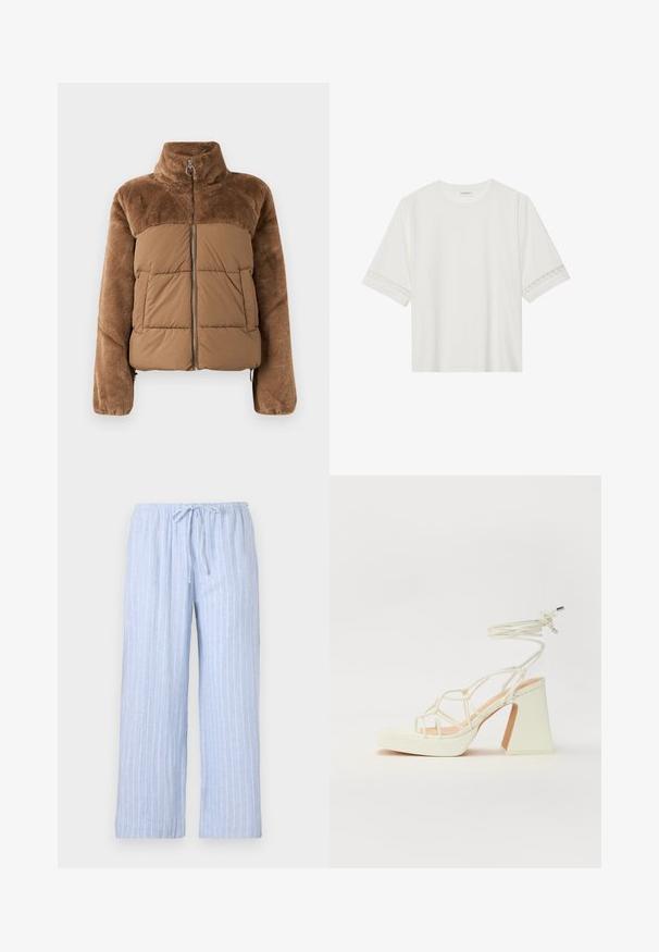 Brun puffjacka med en mjuk, fluffig ovandel. Har en hög krage, dragkedja framtill och två sidofickor.; Vit kortärmad t-shirt i bomull, med dekorativa spetsdetaljer längs ärmarna och rund halsringning.; Ljusblå pyjamasbyxor med vita vertikala ränder, tillverkade av mjukt tyg, med elastisk midja och justerbar dragsko.; Vit högklackad sandal med en kraftig klack, med ett remdesign och ankelband. Slät textur med en plattform framtill för ökad höjd.