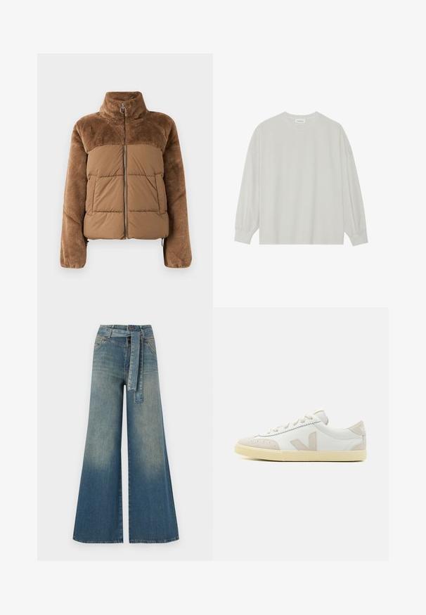 Brown puffer jacket with a soft, fluffy upper section. Features a high collar, front zipper, and two side pockets.; Light gray long-sleeve t-shirt made of soft cotton. Features a loose fit, round neckline, and gently gathered cuffs. No patterns or graphics.; Wide-leg denim trousers featuring a light to dark blue gradient, high waist, belt loops, and a matching fabric belt. Textured denim finish.; White leather sneaker with beige suede accents, round toe, flat laces, textured rubber sole, and signature "V" logo on the side.