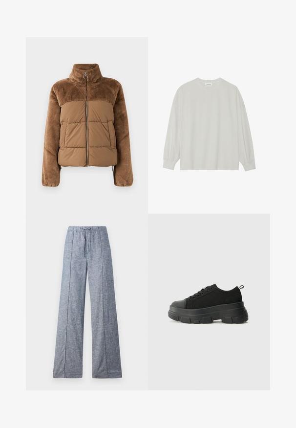 Pruun puffer-jakk, millel on pehme ja karvane ülemine osa. Omab kõrget krae, ees olevat tõmblukku ja kahte küljetaskut.; Hele halli pikkade varrukatega T-särk, mis on valmistatud pehmest puuvillast. Omab vaba lõiget, ümmargust kaelust ja õrnalt kogutud varrukaotsi. Muster ja graafika puuduvad.; Heledad püksid helesinises kangas, millel on peen tekstuur, elastse vöökoha ja reguleeritava paelaga.; Mustad mustad mustikad, millel on tugev kummist põhi, tekstuuriga kangast pealis, ümar varvas ja seotud disain. Omab tugevdatud silmuseid ja tagumist tõmbeotsta.