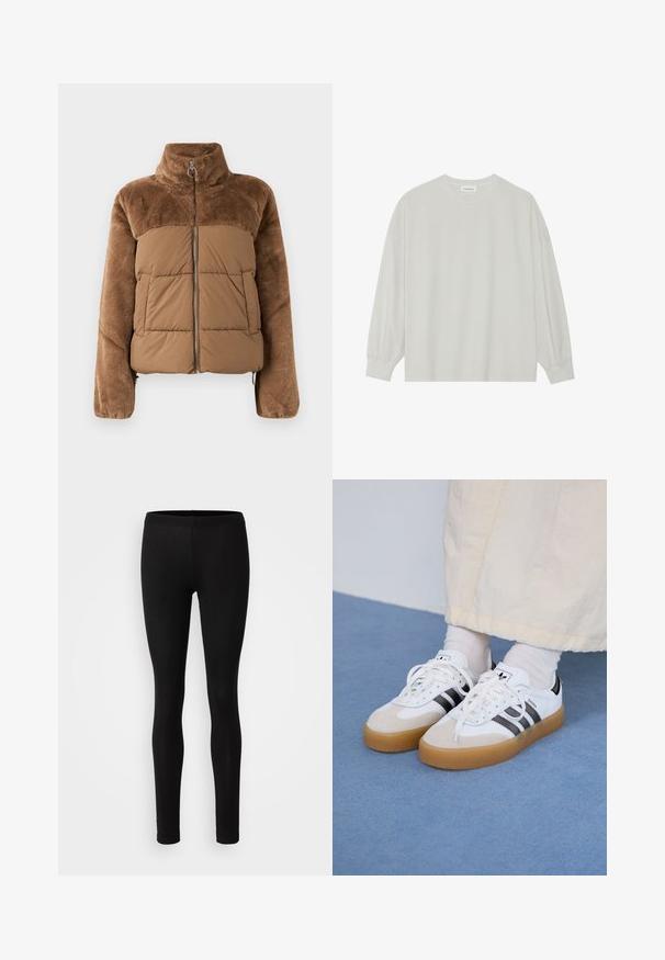 Pruun puffer-jakk, millel on pehme ja karvane ülemine osa. Omab kõrget krae, ees olevat tõmblukku ja kahte küljetaskut.; Hele halli pikkade varrukatega T-särk, mis on valmistatud pehmest puuvillast. Omab vaba lõiget, ümmargust kaelust ja õrnalt kogutud varrukaotsi. Muster ja graafika puuduvad.; Mustad mustad, pehmest ja venivast kangast. Neil on kitsas lõige, elastne vöökoht ja sile, mati tekstuur.; Valged tossud mustade triipudega ja beeži nahaga aktsentidega. Omavad tekstuuriga kummist talla ja lamedaid valgeid paelu, kantud heledate sokkidega.