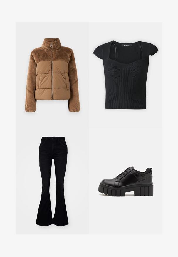 Καφέ φουσκωτό μπουφάν με μαλακό, αφράτο πάνω μέρος. Διαθέτει ψηλό γιακά, μπροστινό φερμουάρ και δύο πλαϊνές τσέπες.; Μαύρο ριμπ πλεκτό μπλουζάκι με κοντά μανίκια, τετράγωνη λαιμόκοψη και υφή στη σάρκα. Ετικέτα ορατή μέσα από τον γιακά.; LTB NOVI - Τζιν καμπάνα - oriane wash; Μαύρα δερμάτινα παπούτσια πλατφόρμας με παχύ μπλοκ τακούνι, στρογγυλή μύτη και παραδοσιακό σχέδιο δέσιμο. Διαθέτουν λεία υφή και ελάχιστες λεπτομέρειες.