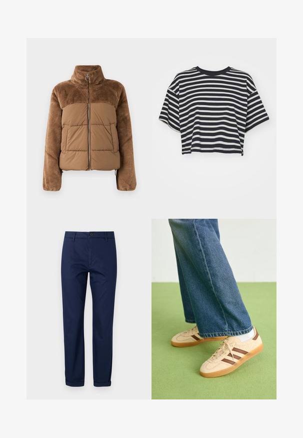 Brun pufferjakke med en myk, fluffy overdel. Har høyt krage, frontglidelås og to sidelommer.; Stripet cropped t-skjorte i marineblått og hvitt. Korte ermer, rund utringning, mykt stoff med horisontale striper og en avslappet passform.; Marineblå bomullschinos med flat front, metallknapplukking, sidelommer og oppbrettede sømmer. Glatt tekstur og skreddersydd design.; Beige joggesko med teksturerte kremfargede paneler og brune striper, parret med blå denimjeans. Jeansene har vid ben og frynsete kant.