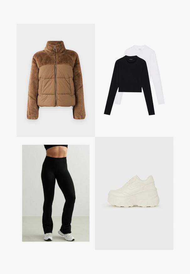 Chaqueta acolchada marrón con una sección superior suave y esponjosa. Tiene un cuello alto, cremallera frontal y dos bolsillos laterales.; Conjunto de dos tops cortos de manga larga en negro y blanco. Hechos de una tela suave con un escote redondo y una silueta ajustada.; Leggings ajustados negros con una cintura alta, hechos de un material elástico. Tienen una textura suave y un diseño de tobillo acampanado. Combinados con zapatillas blancas.; Zapatillas de plataforma blancas con un upper suave similar al cuero, forma redondeada, cuello acolchado y suela de goma texturizada con surcos definidos.