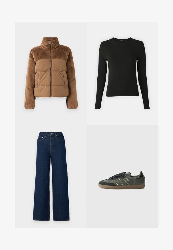Brūna pūkaina jaka ar mīkstu, pūkainu augšējo daļu. Vēl ir augsts apkakle, priekšējais rāvējslēdzis un divas sānu kabatas.; Melnā garas formas krekls, izgatavots no gludas auduma, ar apaļu kakla izgriezumu un pieguļošu siluetu, bez redzamām rakstām vai akcentiem.; Platas kājas džinsi no tumšās denima, ar augstu jostasvietu, klasisku piecu kabatu dizainu un kontrastējošo šuvju šuvēm.; adidas Originals SAMBA OG - Sporta apavi - core black/legend earth/gum