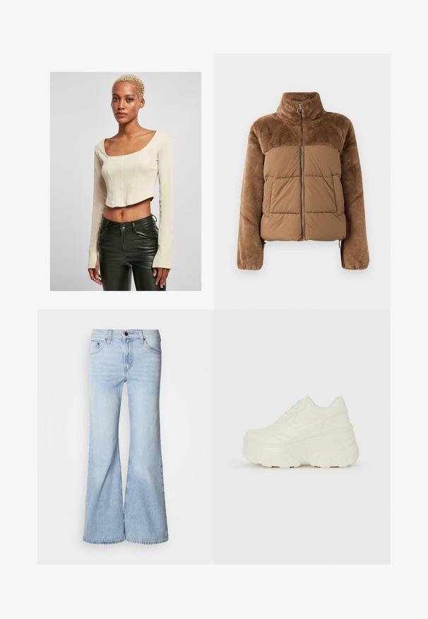 Brown puffer jacket with a soft, fluffy upper section. Features a high collar, front zipper, and two side pockets.; Cropped long-sleeve top in beige ribbed fabric, featuring a square neckline and fitted design. Paired with black leather pants.; Light blue flared jeans, featuring a high waist, denim fabric, five pockets, and a button closure. The legs are wide and have a slightly faded finish.; White platform sneakers featuring a smooth leather-like upper, rounded shape, padded collar, and textured rubber sole with defined treads.