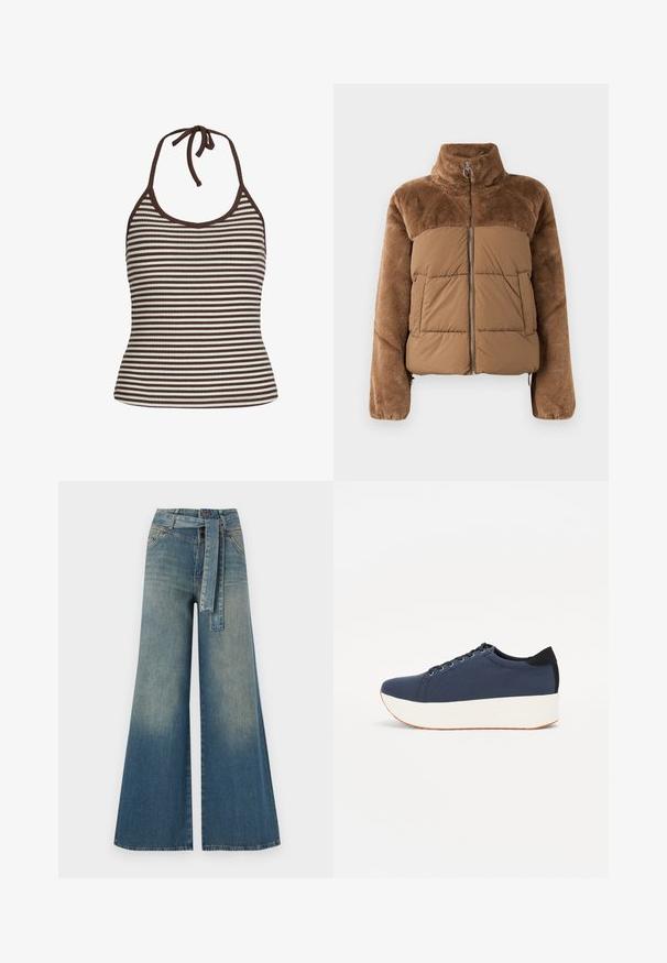 Brown puffer jacket with a soft, fluffy upper section. Features a high collar, front zipper, and two side pockets.; Striped halter top made of ribbed fabric; features alternating brown and white stripes, adjustable neck tie, and fitted silhouette.; Wide-leg denim trousers featuring a light to dark blue gradient, high waist, belt loops, and a matching fabric belt. Textured denim finish.; Navy blue sneaker with a textured fabric upper, white platform sole, rounded toe, and black heel accent. Features six eyelets for laces.