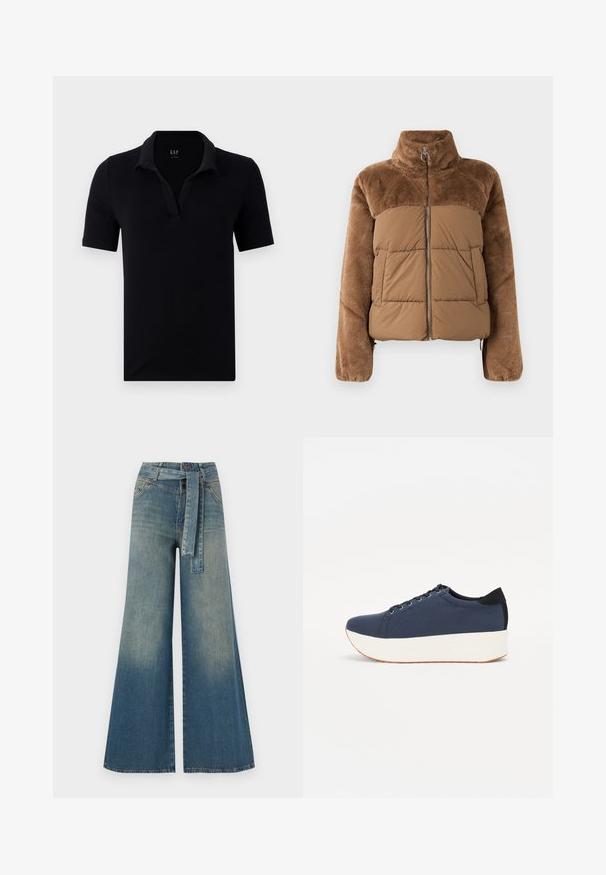 Hnedá puffová bunda s mäkkou, nadýchanou hornou časťou. Obsahuje vysoký golier, predný zips a dve bočné vrecká.; Čierna polo košeľa vyrobená z bavlny, s jemným golierom, krátkymi rukávmi a výstrihom do V bez ďalších vzorov alebo akcentov.; Džínsy s širokými nohavicami, ktoré majú prechod od svetlomodrej po tmavomodrú, vysoký pás, pútka na opasok a opasok z rovnakého materiálu. Textúrovaný denimový povrch.; Námornícky modré tenisky s textúrovaným textilným zvrškom, bielou platformovou podrážkou, zaoblenou špičkou a čiernym akcentom na päte. Obsahujú šesť otvorov na šnúrky.