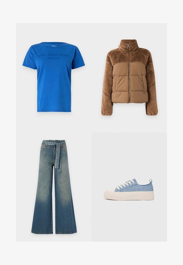 Brun pufferjakke med en myk, fluffy overdel. Har høyt krage, frontglidelås og to sidelommer.; Blå bomulls T-skjorte med korte ermer, med hevet tekst "PEPE JEANS LONDON WEST ELEVEN" over brystet i matchende farge.; Bredde ben jeans med en lyseblå til mørkeblå gradient, høyt liv, beltehemper og et matchende belte i samme stoff. Teksturert denimoverflate.; Lys blå canvastøfler med en kremfarget gummitupp og yttersåle, med hvite snørebånd og en løfteløkke på hælen.