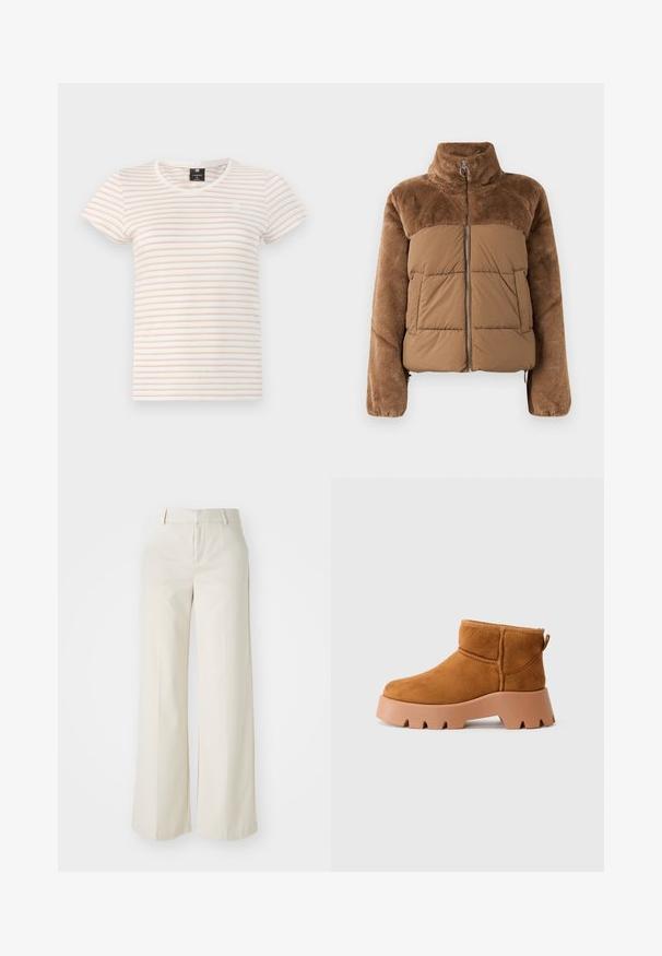 Ruda pūkinė striukė su minkšta, pūkuota viršutine dalimi. Turime aukštą apykaklę, priekiniį užtrauktuką ir dvi šonines kišenes.; Kreminės spalvos trumpų rankovių marškinėliai su horizontaliomis šviesiai rožinėmis juostelėmis. Turi V-formos kaklą ir mažą logotipą ant krūtinės. Pagaminti iš medvilnės.; Pločios kojos kelnės šviesiai bežinės spalvos, pagamintos iš lygaus audinio. Yra klasikinis juosmens dizainas ir lygūs priekiniai įsiuvai su švariomis linijomis.; Šviesiai rudos sukojos batus iki kulkšnies su apvaliu pirštu, tekstūruota ruda apačia ir užtrauktuku. Yra siuvinėta siūlė ir storas platformos dizainas.