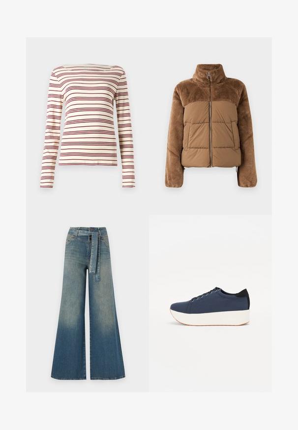 Hnědá péřová bunda s měkkou, načechranou horní částí. Má vysoký límec, přední zip a dvě boční kapsy.; Dlouhý rukáv top v krémové barvě s bordovými vodorovnými pruhy; lodní výstřih; měkký materiál; přiléhavý design s mírným elastickým efektem.; Džínové kalhoty širokého střihu s přechodem od světlé k tmavě modré, vysokým pasem, poutky na opasek a odpovídajícím opaskem ze stejného materiálu. Texturovaná džínovina.; Námořnické modré tenisky s texturovaným textilním svrškem, bílou platformovou podrážkou, kulatou špičkou a černým akcentem na patě. Obsahují šest očíček pro tkaničky.