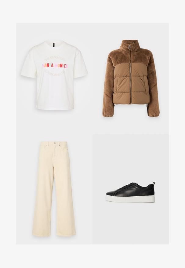 Brūna pūkaina jaka ar mīkstu, pūkainu augšējo daļu. Vēl ir augsts apkakle, priekšējais rāvējslēdzis un divas sānu kabatas.; Balta kokvilnas T-kreklā ar īsām piedurknēm. Satur pastelīgu grafisko tekstu ar uzrakstiem "SANTA MONICA" un "CALIFORNIA '95" dažādās krāsās.; Bežīgas platpēdas džinses, izgatavotas no kokvilnas. Iekļauj pogu aizdari, jostas cilpas un priekšējos kabatas ar gludu, mīkstu tekstūru.; Melnas zemas ādas tenisa kedas ar melnām auklām un baltu biezas gumijas zoli, skatīšanās no ārējās puses uz balta fona.