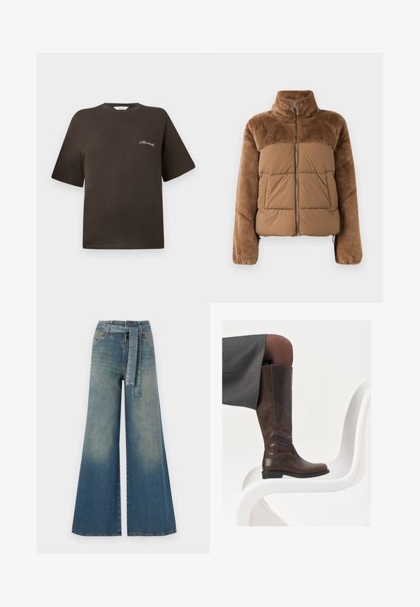 Brun pufferjakke med en myk, fluffy overdel. Har høyt krage, frontglidelås og to sidelommer.; Brun bomull t-skjorte med korte ermer, avslappet passform, rund hals, med liten hvit brodert tekst på venstre bryst.; Bredde ben jeans med en lyseblå til mørkeblå gradient, høyt liv, beltehemper og et matchende belte i samme stoff. Teksturert denimoverflate.; Brune lærkne-høye støvletter med rund tå, glatt tekstur og minimal sømdetaljer, plassert mot en lys bakgrunn på en hvit stol.