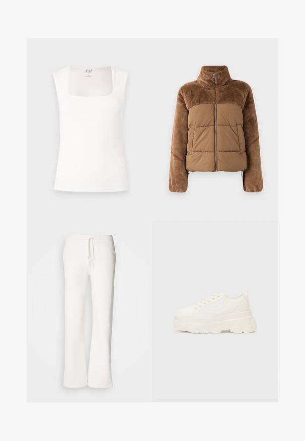 Brown puffer jacket with a soft, fluffy upper section. Features a high collar, front zipper, and two side pockets.; White sleeveless top with a square neckline. Smooth, stretchy fabric with a fitted shape. Tag labeled "GAP" at the back inside neck.; White, relaxed-fit sweatpants made of soft fabric, featuring an elastic waistband with a drawstring and straight-leg design.; White canvas sneaker with a chunky sole, rounded toe, and five eyelets for laces. Back tab for easy wear. Smooth texture, minimalist design.